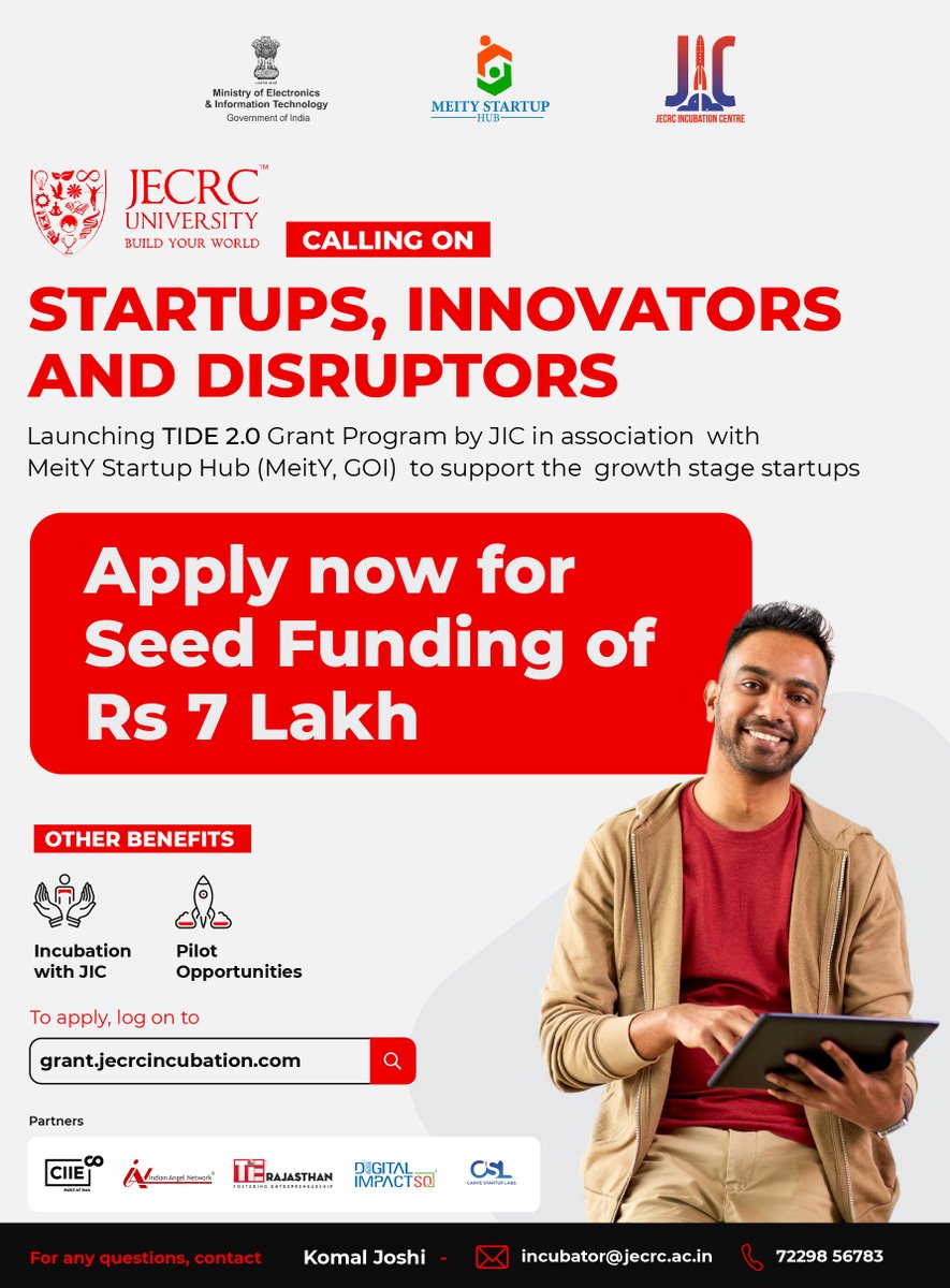 IIMAVentures's tweet photo. 📢Calling all #Startups, Innovators &amp; Disruptors to accelerate their #startup journey with 
@jecrcuniversity's &amp; @MSH_MeitY's #TIDE 2.0 Grant Program.

Know more 👉🏾 https://t.co/Ra7ktYfMoC https://t.co/oLFQckygW1