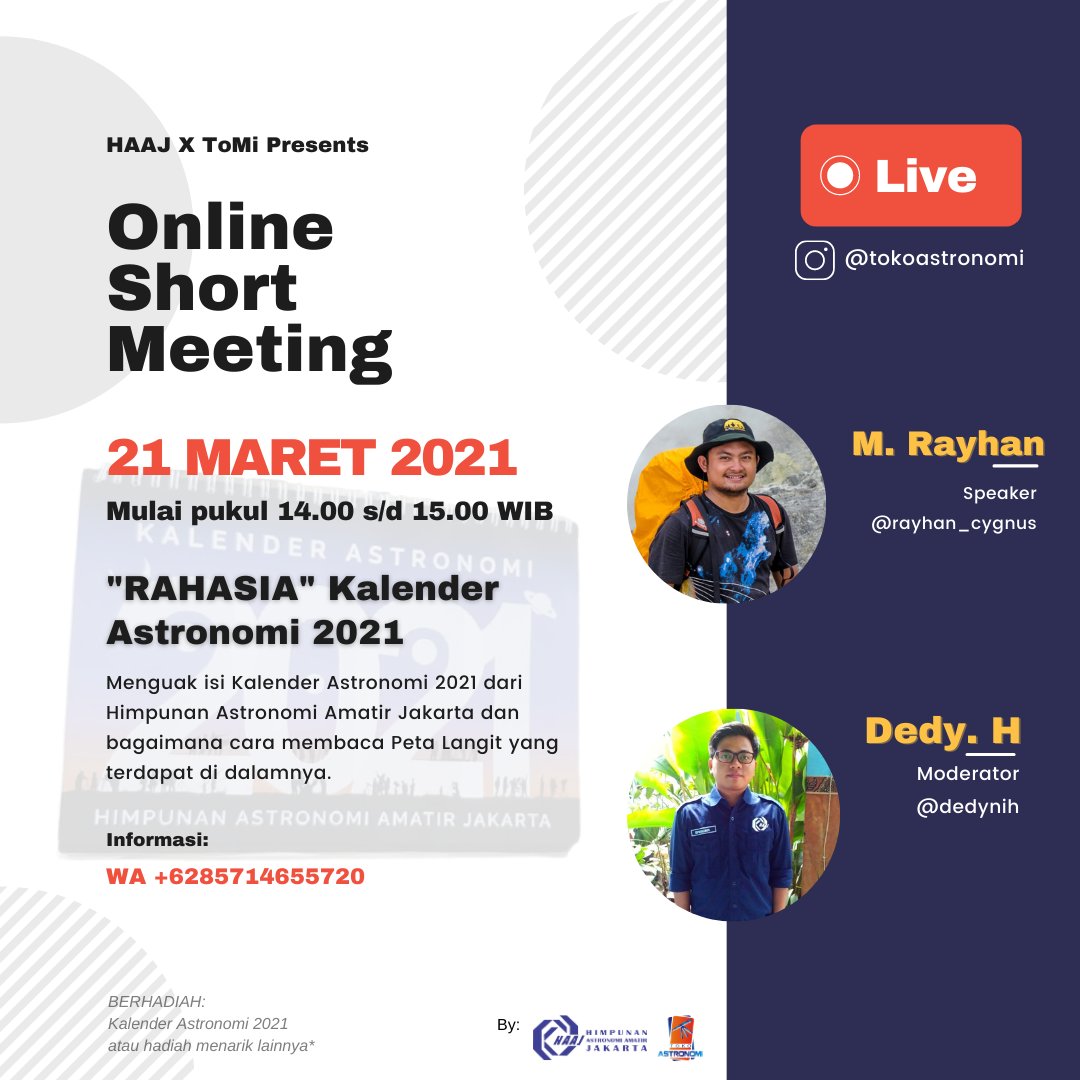 Mau tahu RAHASIA Kalender Astronomi 2021 dan bagaimana cara membacanya?
Yuk ikutan Online Meeting kami yang akan LIVE di Instagram @tokoastronomi bersama creatornya langsung yaitu ka <a href="/rayhan_cygnus/">Muhammad Rayhan</a> 

Ada Hadiahnya loh buat kamu yang ikutan LIVE ini. cc: <a href="/haaj84/">Penjelajah Angkasa</a>