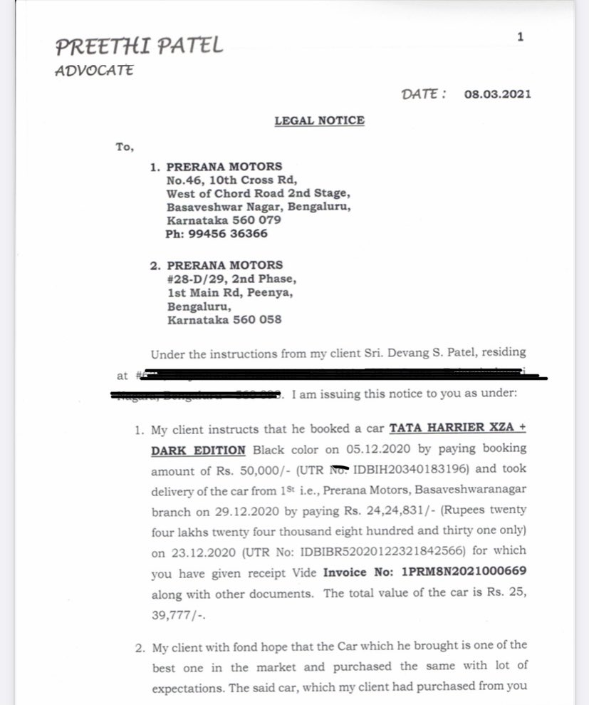 devangpatel_'s tweet image. Hello, @TataCompanies today I am being compelled to share the notice pictures on this platform as I have not heard anything from @TataMotors regarding the issue of my vehicle. The pictures of the notice continued in the thread.