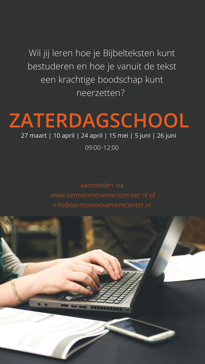 Eind maart start de Zaterdagschool van het Sermon Movement Center. In 6 sessies leer je hoe je vanuit een Bijbelgedeelte een krachtige boodschap neer kunt zetten. Meer info sermonmovementcenter.nl