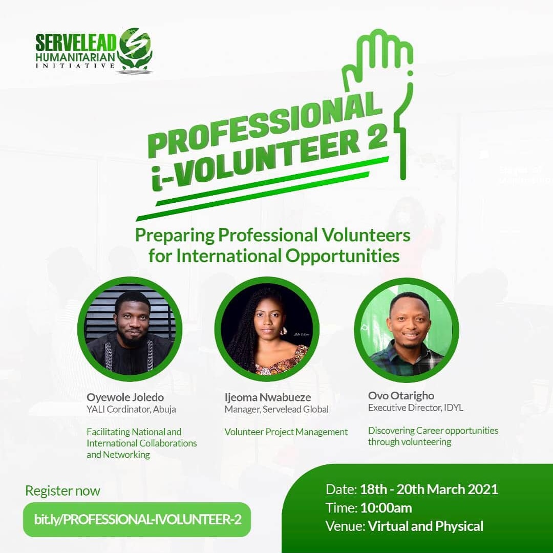 SmyleAfrica's tweet photo. IT’S THE PROFESSIONAL i-VOLUNTEER 2.0 CAMP!!!

A 3-days training with experienced volunteers to learn how to build a professional volunteering career

Date: 18th - 20th March 2021

To register 👇

https://t.co/gVtCjiZaGe

@ServeleadGlobal @Kene_Clinton https://t.co/iCmyafBnql