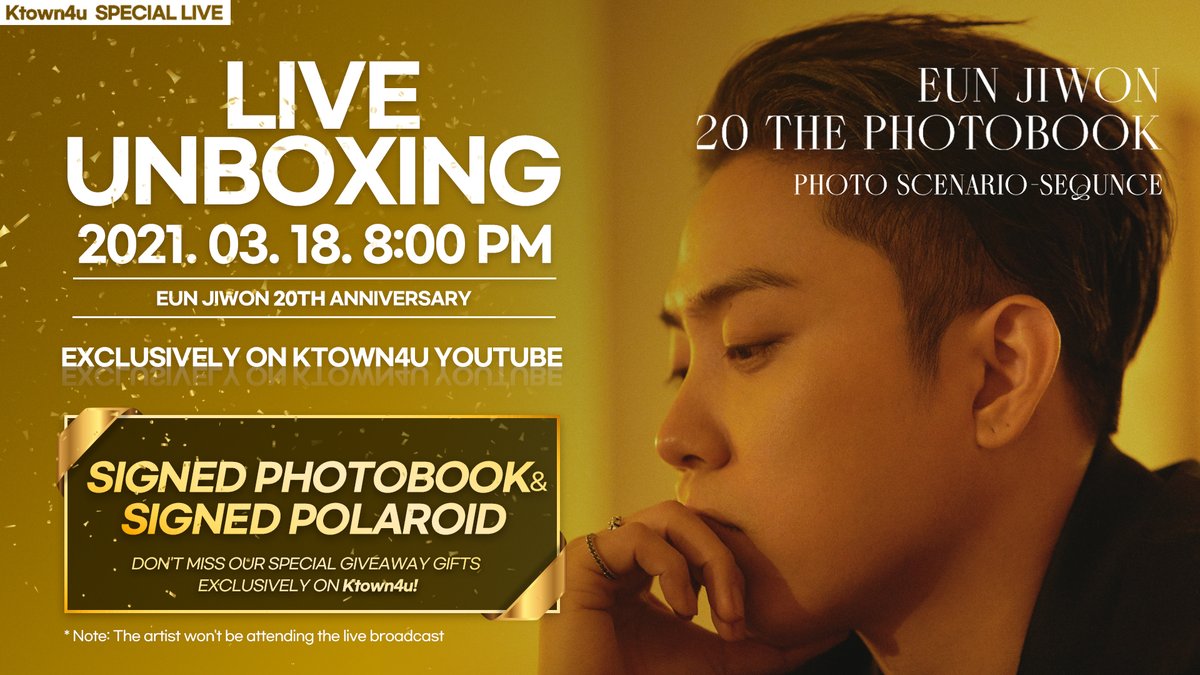 💎 EUN JIWON X Ktown4u 💎

🐦EUN JIWON 20 THE PHOTOBOOK [`PHOTO SCENARIO`] UNBOXING LIVE🐦
🔥RT EVENT🔥

[RT this tweet + #Ktown4u_EUNJIWON_Unboxing #G1_20thAnniversary Hashtag + @ktown4u_com follow]
❗SIGNED PHOTOBOOK (1 winner)❗ 

🕗 2021.03.18 8PM
🔗 ktown4u.io/youtube_live