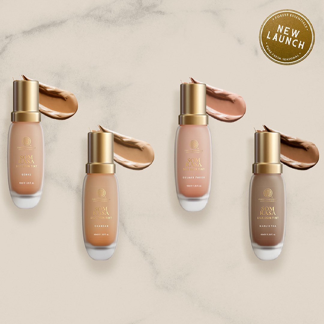 ForestEssential's tweet photo. Experience the lightweight and soft touch of the NEW Som Rasa #Silk #SkinTints. Named after the revered plant Soma, these skin tints are a lightweight formulation to softly blur out imperfections. Almost like a finishing cream and much lighter than conventional foundations.. https://t.co/S4JBwjLdF4