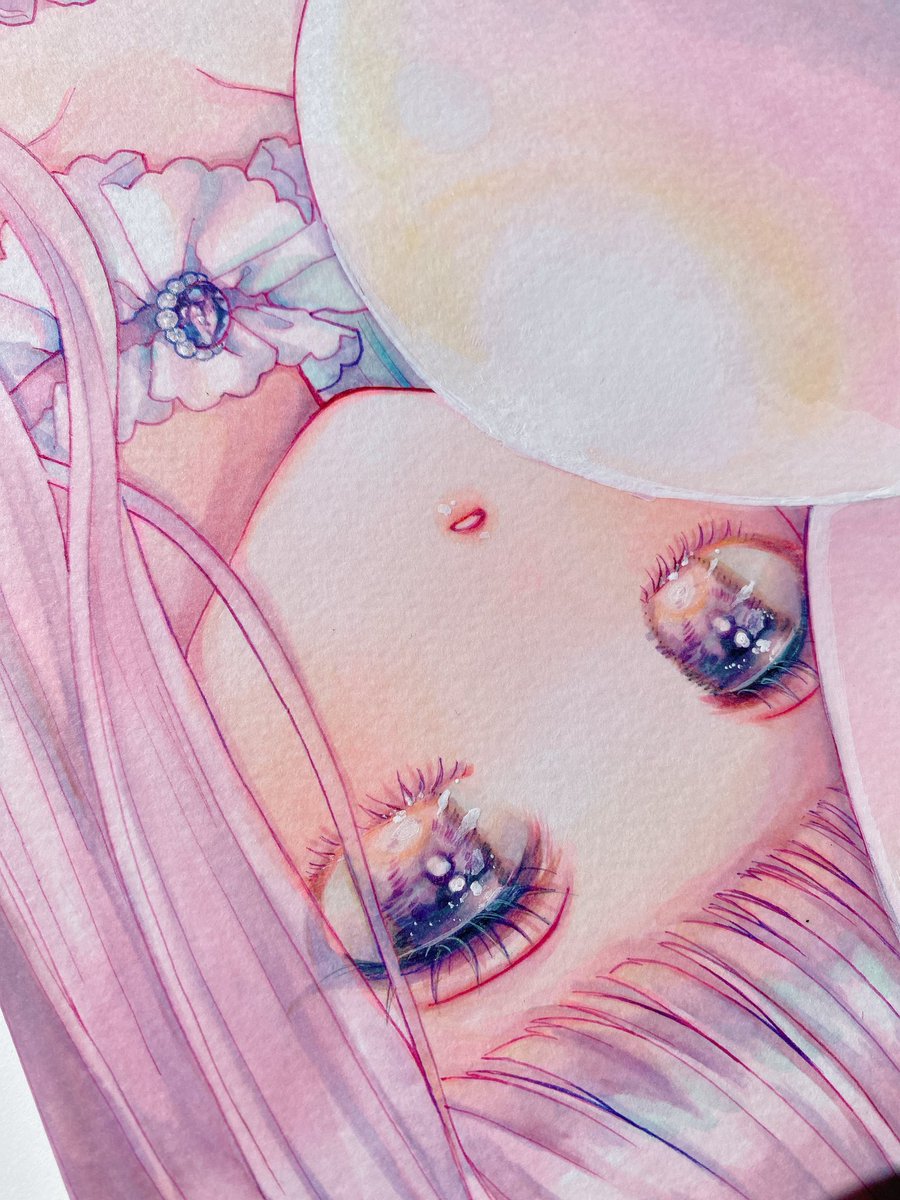 1girl solo pink hair blue eyes traditional media bangs long hair  illustration images