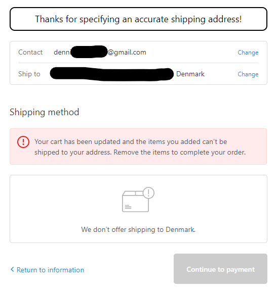 Dalstroem's tweet photo. @scotchporter Switched from Firefox to Edge browser, cleared all cache and cookies. Still no shipping to Denmark. https://t.co/OQQPGYl8Qx