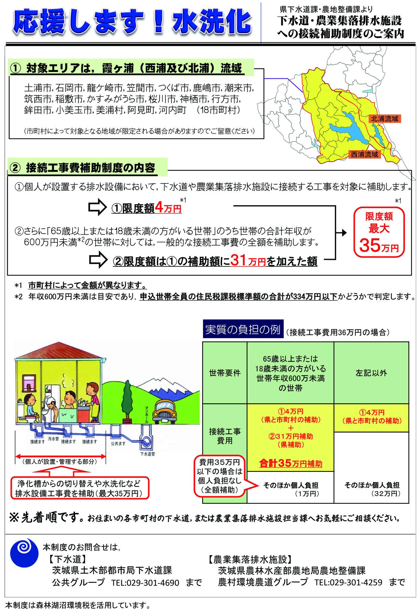 茨城県 下水道 農業集落排水への接続をお願いします 公共用水域の水質保全のため 霞ケ浦流域限定で最大35万円の接続工事補助を行っています 汲み取りトイレや単独浄化槽をお使いの方 詳しくは市町村下水道 集排施設担当課までお問い合わせ 茨城県 下水道 農業集落排水への接続をお願いします 公共用水域の水質保全のため 霞ケ浦流域限定で最大35万円の接続工事補助を行っています 汲み取りトイレや単独浄化槽をお使いの方 詳しくは市町村下水道 集排施設担当課までお問い合わせ