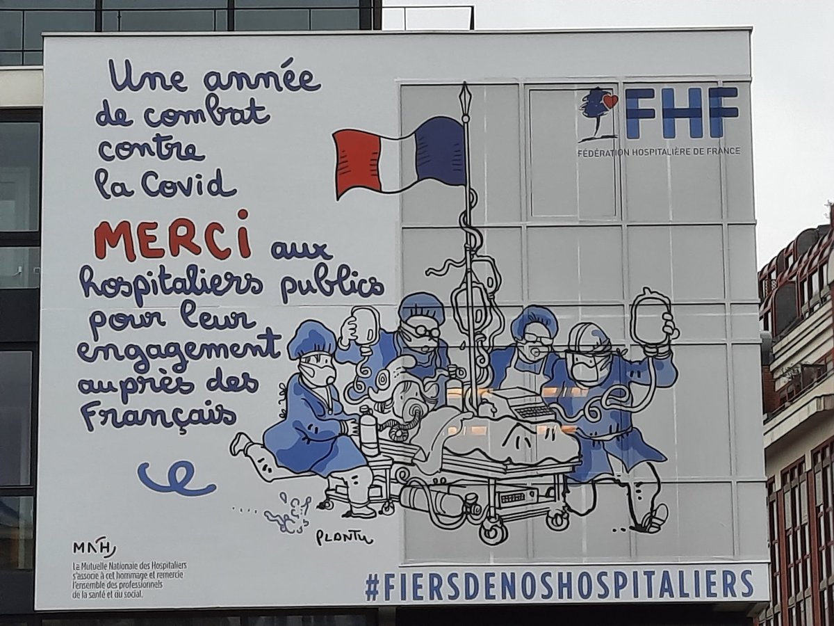 Inauguration aujourd'hui 17 mars 1 ans après le premier confinement du dessin de #plantu en hommage au hospitalier
#fiersdenoshospitaliers