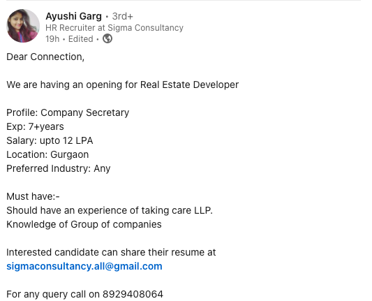 FCSJigarShah's tweet photo. This came up in my LinkedIn Timeline. #CSVacancy in #Gurgaon 

Link for the post: https://t.co/RR2y9FQ7ne https://t.co/9dks4cgv3A