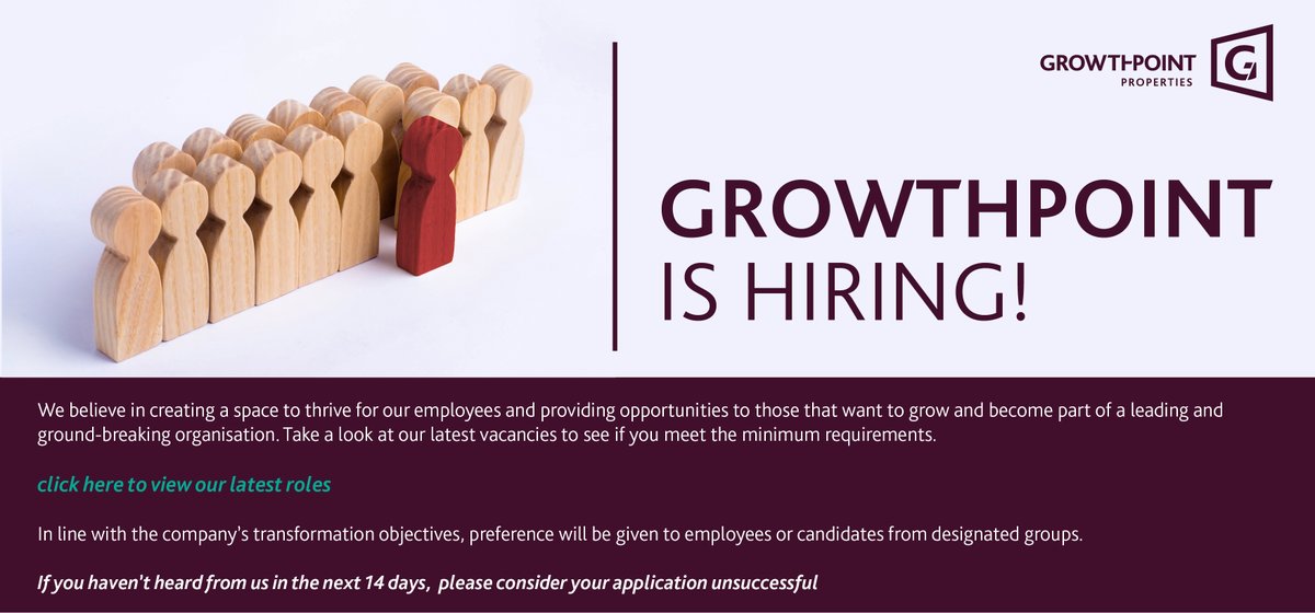 Do you want to work for a dynamic, international property company? Growthpoint is hiring! Click on the link to view vacancies, create a profile, and submit your CV.

lnkd.in/e955Y2A

#property #recruitment #jobs #careers #nowhiring #growthpoint