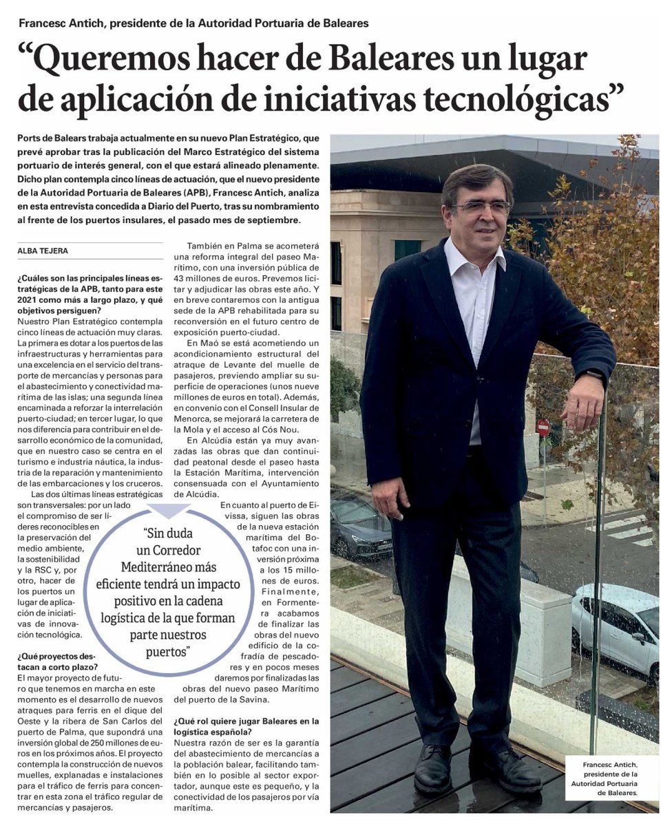 PortsdeBalears's tweet photo. La revista @diariodelpuerto dedica l'entrevista principal al president de l'APB, Francesc Antich, i als projectes que @PortsdeBalears du endavant. La podeu llegir aquí 👇 https://t.co/R3O9WEtFaM