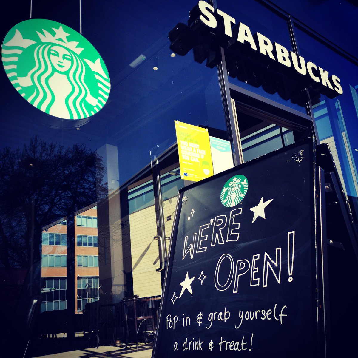 trinitywalk's tweet photo. Welcome back Starbucks!
What a brew-tiful sight to see these guys @StarbucksWTW back open today for takeways now and outdoor from April 12. #Starbucks #Wakey #TrinityWalk https://t.co/O6mzfWPxci