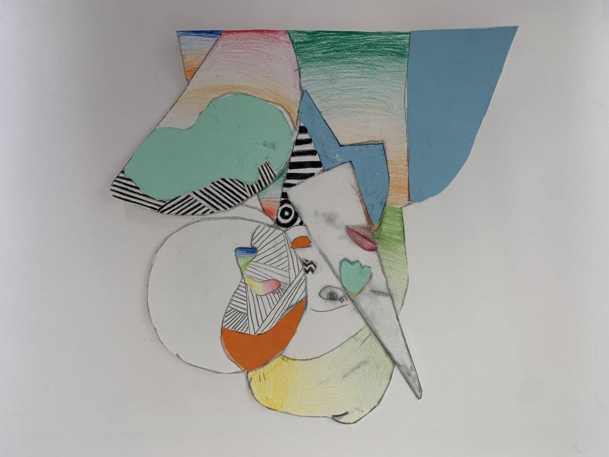 Staugart's tweet photo. colourful and individualised outcomes created in UI today. Overlapping collages responding to the work of Cubism @staugustinesp https://t.co/w78lYpgs38