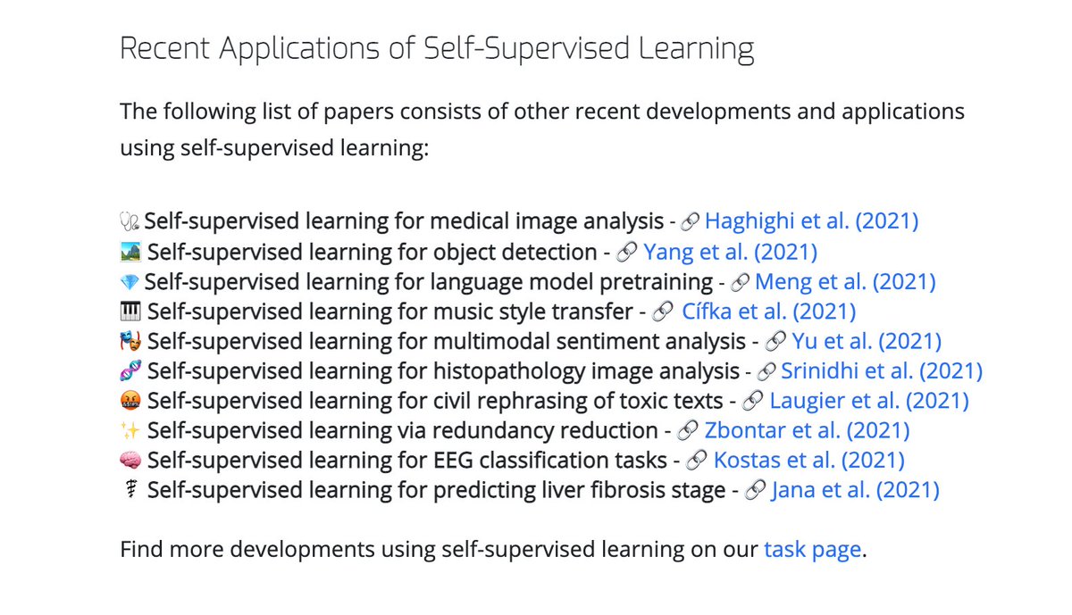 paperswithcode's tweet photo. 💫 There has been an explosion of interest in self-supervised learning (SSL) for vision and NLP.

In this week's newsletter, we show you recent uses of SSL across various ML tasks from medical image analysis to musical style transfer! Read on below:

https://t.co/iFqITpgnHm https://t.co/KFeYjFiJhL