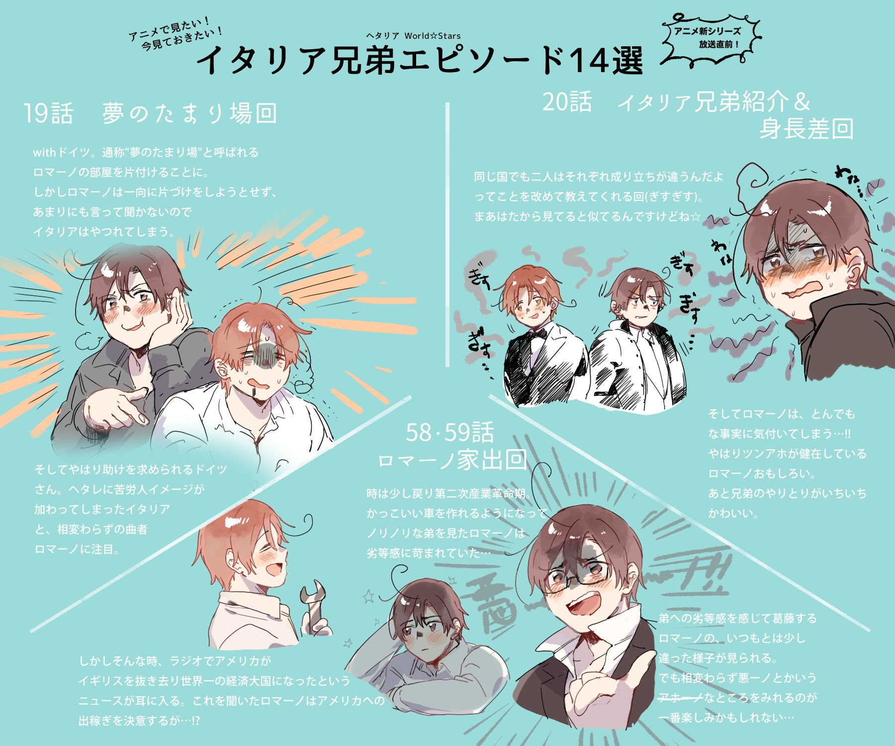 Twitter 上的 ちーの もうすぐヘタリアのアニメが始まりますね なんと新シリーズでは今までの倍以上の伊兄弟エピソードが存在するのですよ そこでアニメが始まる前にぜひ見てほしい伊兄弟のエピソードをまとめました ぜひジャンプラでチェックを お願いします