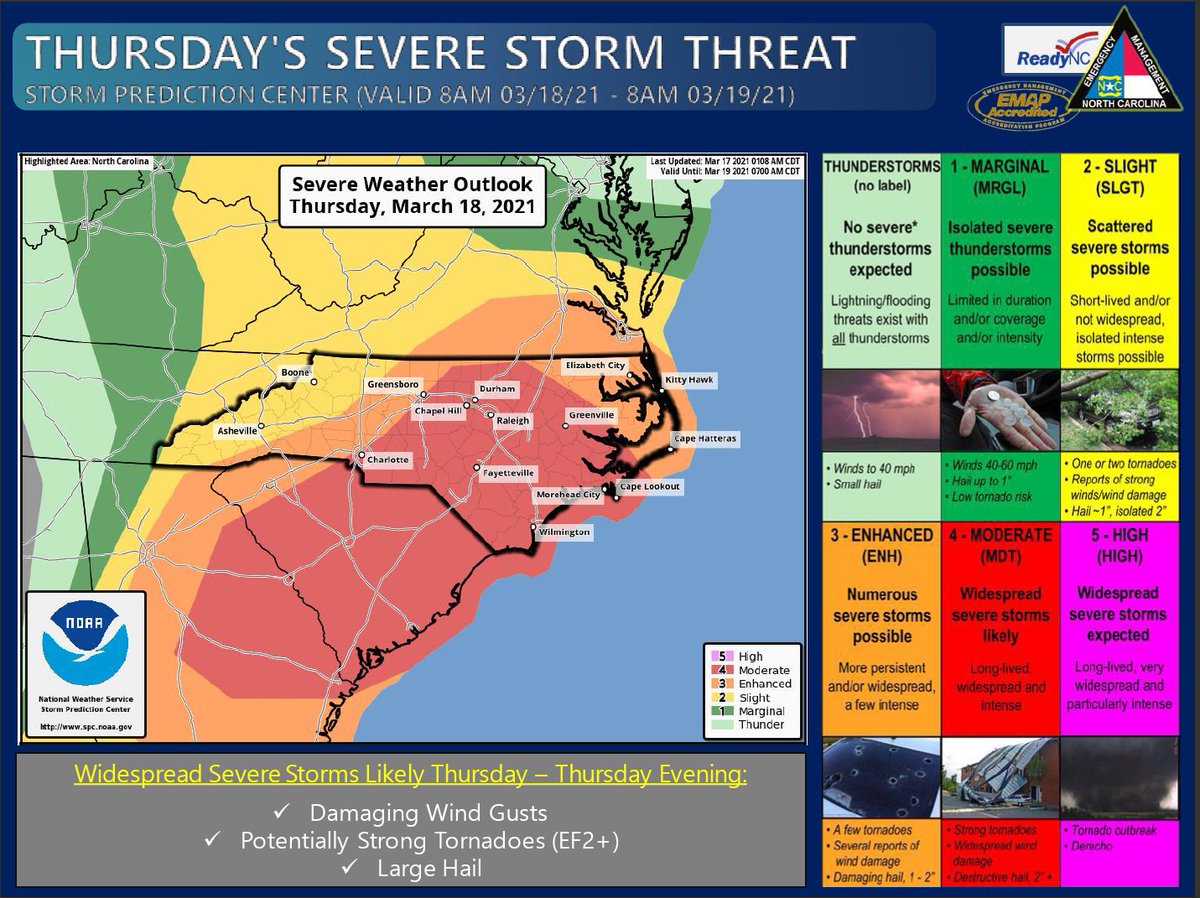 Wednesday #ncwx update:
⚠️ The Storm Prediction Center has upgraded much of central and eastern NC to a Moderate Risk for severe storms on Thursday. While the threat is greatest generally along and southeast of I-85, severe storms will be possible statewide on Thursday.