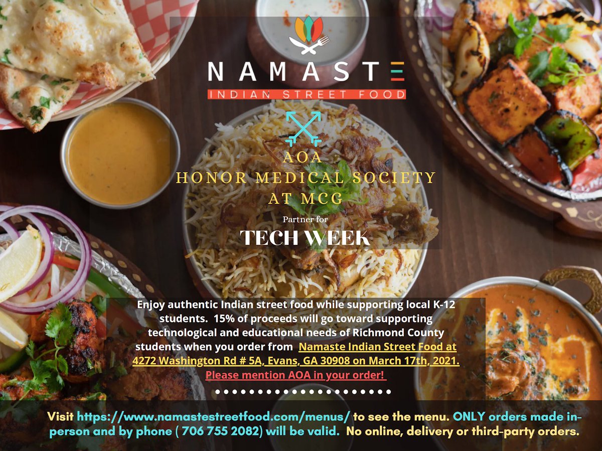 Today we have our NAMASTE INDIA fundraiser!!!!!! 
All day today, go to Namaste Indian Street Food at 4272 Washington Rd # 5A, Evans, GA 30908. 
Order IN-PERSON or BY PHONE (706 755 2082) and tell the cashier you are supporting AOA tech week or show them this flyer.
<a href="/RISEAugustaga/">RISE Augusta</a>