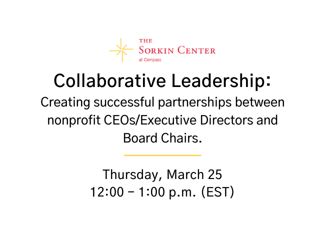 Join #CompassConnectConversations on March 25, 12 pm ET for Collaborative Leadership: successful partnerships between nonprofit CEOs and Board Chairs. With Becca Bennet of <a href="/Orr_Group/">Orr Group</a> &amp; leaders from <a href="/ACHIEVEability/">ACHIEVEability</a>, <a href="/LittleCityOrg/">Little City</a>, @IdentityYouthMD

RSVP: bit.ly/2MT0HNL