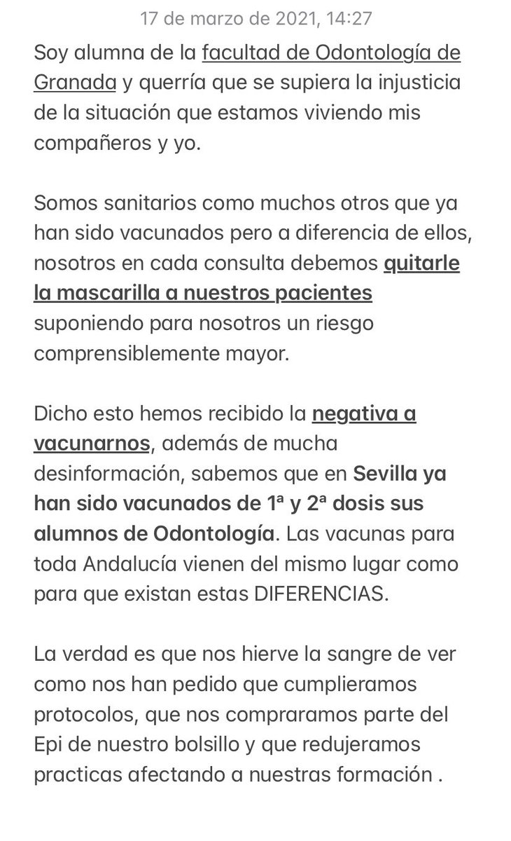 pilaarjv's tweet photo. #VacunasOdontologiaUGR  Injusticia en la facultad de odontología de Granada con la vacunación Covid 💉 @uGRenfurecida_ @CanalUGR @granadadigital @AndaluciaJunta @ideal_granada @saludand https://t.co/81Lh7WjsT2