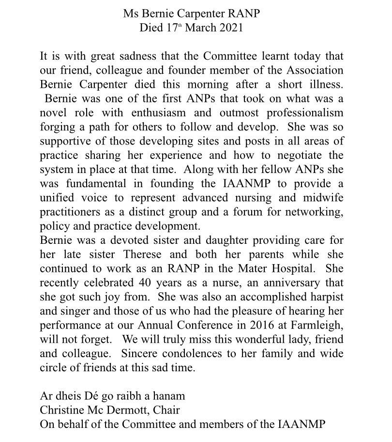 iaanmp's tweet photo. It is with great sadness that IAANMP inform you of the passing this morning of our dear friend, founding member &amp; colleague Bernie Carpenter following a short illness. Remembering her family, friends &amp; colleagues in the Mater ED at this sad time. RIP beautiful Bernie xx https://t.co/EANx6S5HNp
