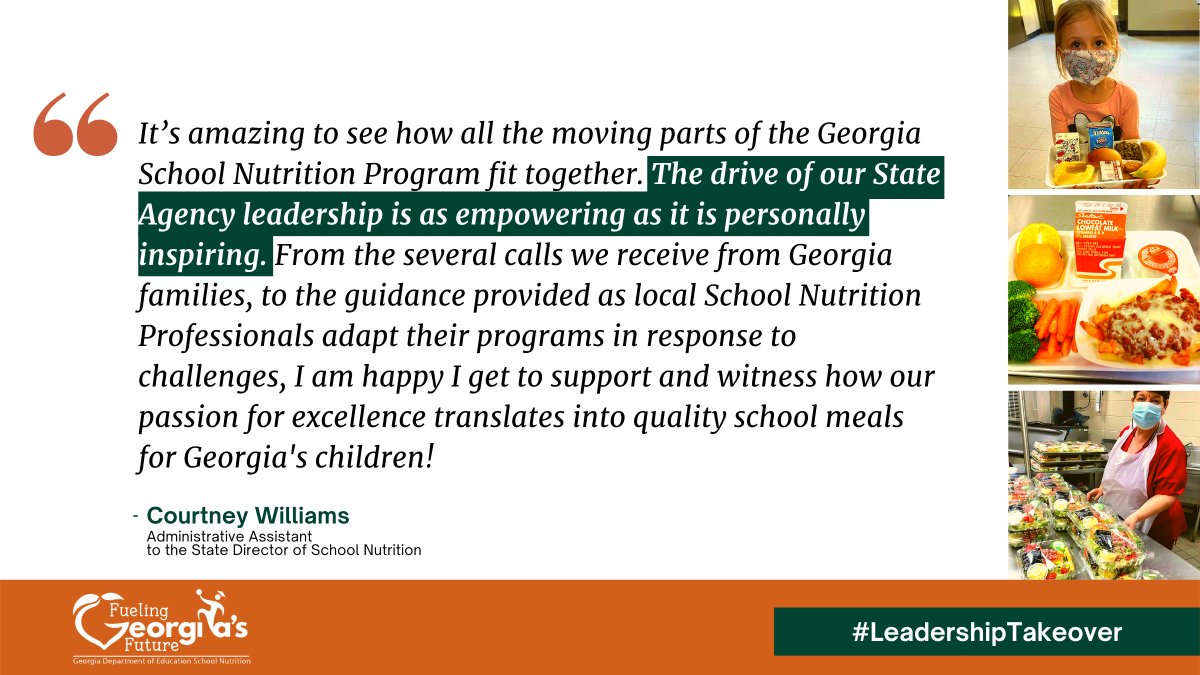 GaDOENutrition's tweet photo. Courtney Williams, Administrative Assistant to our State Director, offered this perspective on our Leadership Team's work to ensure the success of our local School Nutrition Programs.

@georgiadeptofed #FuelingGA #KeepGAFed #KeepGALearning #LeadershipTakeover https://t.co/zAeiZqPoRV