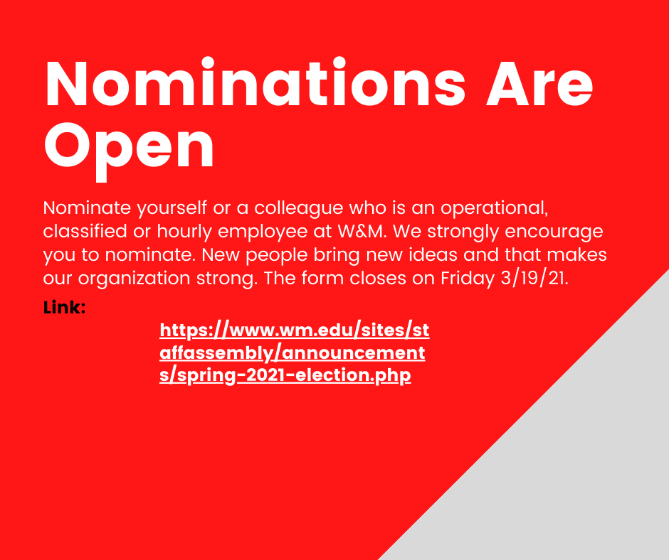 WMStaffAssembly's tweet image. Nominations are open!

Link: wm.edu/sites/staffass…