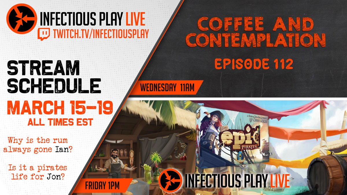 InfectiousPlay's tweet image. ☕️Coffee and Contemplation 112: @JonGilmour and @Chaos_Moss pick their 10 favorite games from BGG's top 1000 (only one per page of 100). Pick yours and compare boardgamegeek.com/browse/boardga…

🎲Infectious Play Live - Tiny Epic Pirates from @Gamelyn_Games and @Scott_Almes. Yarrrrrr!