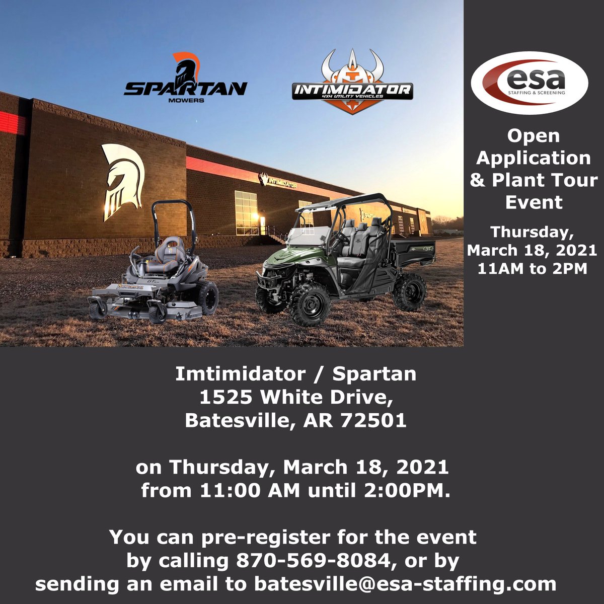 esastaffing's tweet photo. Imtimidator / Spartan
1525 White Drive,
Batesville, AR 72501

on Thursday, March 18, 2021 
from 11:00 AM until 2:00PM.

You can pre-register for the event 
by calling 870-569-8084, or by 
sending an email to batesville@esa-staffing.com https://t.co/l0R0ileZwB