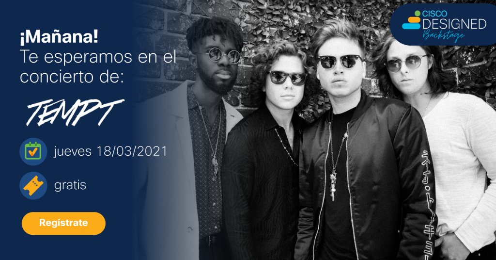 CiscoLatam's tweet photo. ¿Listos para rockear? Mañana @TemptBand transmitirá su concierto en vivo para nuestra comunidad de América Latina 🔉 https://t.co/ZfTVfsXMdr
#CDBackstage https://t.co/mUyXsMBLij