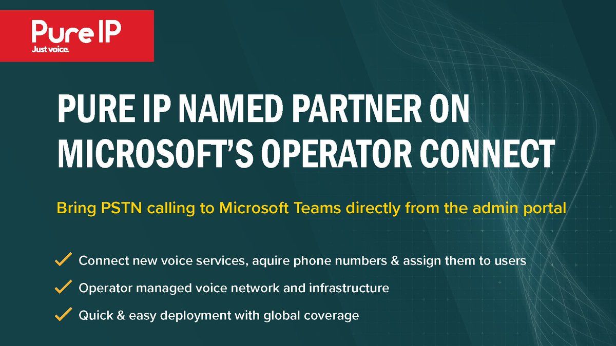 ECHAlliance's tweet photo. [MEMBER NEWS 🇺🇸] 
Enterprise voice communications provider @Pure_IP will be a wave partner for @Microsoft Operator Connect service. The global company will help customers connect #CallingServices 📞 from within the Teams admin centre. 

👉 Learn more: https://t.co/4IvGH6x698 https://t.co/wmCxxJ1s9R