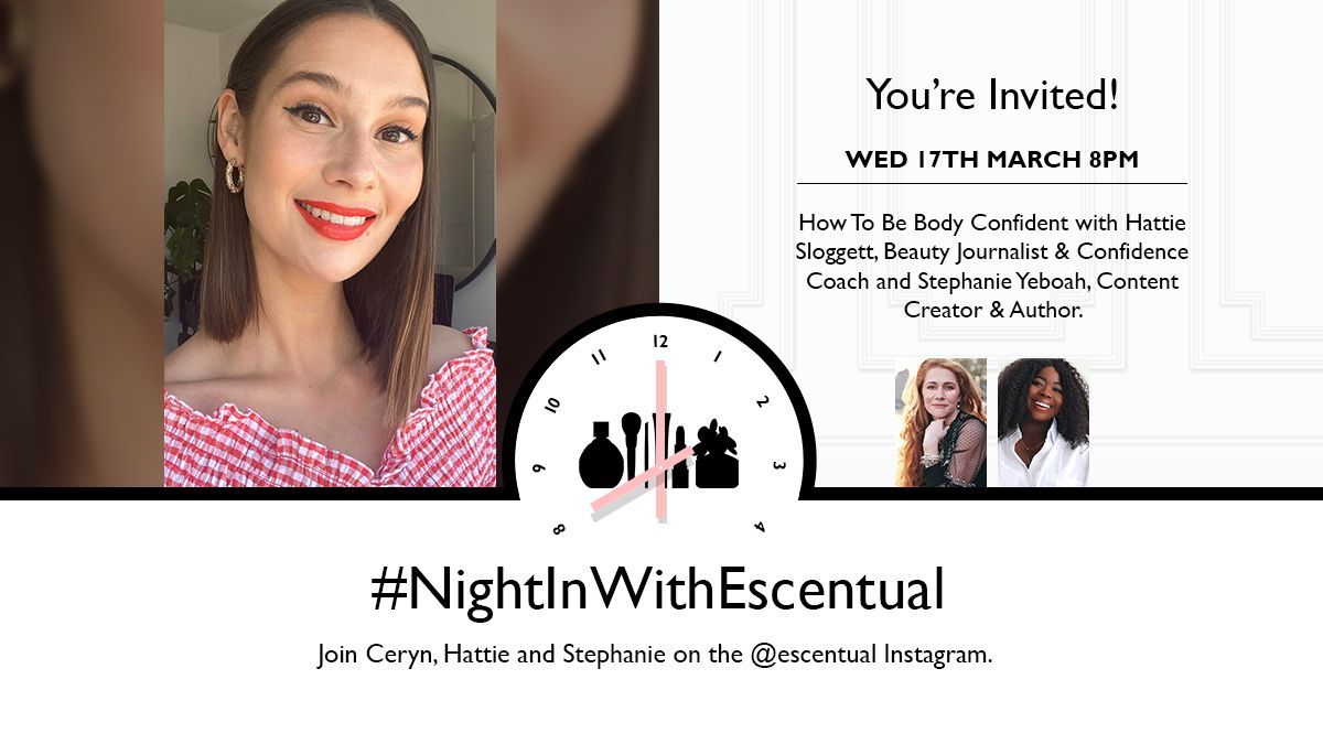 Let's talk about #bodyconfidence! Join <a href="/EscentualCeryn/">Ceryn</a>, <a href="/StephanieYeboah/">Steph</a> and <a href="/hattiesloggett/">Hattie Sloggett ✨ The TrueSelf Advocate</a> as they share their experience and advice on being #bodyconfident tonight at 8 pm on Instagram:  escentu.al/Instagram