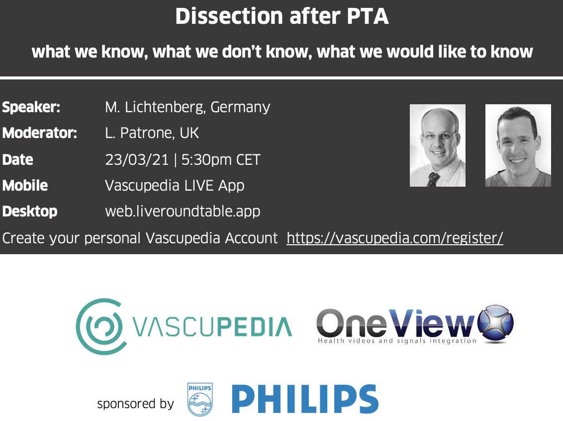 Vascupedia (@vascupedia_com) on Twitter photo Next #VascupediaVIEWS LIVE - SFA/POP Episode 7
Dissection after PTA: what we know, what we don’t know, what we would like to know
🎙Michael Lichtenberg🇩🇪
Moderator <a href="/LorenzoPatrone3/">Lorenzo Patrone</a>🇬🇧
🗓23/03/21 | ▶️ 5:30pm CET
supported by <a href="/Philips/">Philips</a>
<a href="/PhilipsPR/">Philips News</a> <a href="/PhilipsHealth/">Philips Healthcare</a> <a href="/PhilipsLiveFrom/">PhilipsLiveFrom</a> Next #VascupediaVIEWS LIVE - SFA/POP Episode 7
Dissection after PTA: what we know, what we don’t know, what we would like to know
🎙Michael Lichtenberg🇩🇪
Moderator <a href="/LorenzoPatrone3/">Lorenzo Patrone</a>🇬🇧
🗓23/03/21 | ▶️ 5:30pm CET
supported by <a href="/Philips/">Philips</a>
<a href="/PhilipsPR/">Philips News</a> <a href="/PhilipsHealth/">Philips Healthcare</a> <a href="/PhilipsLiveFrom/">PhilipsLiveFrom</a>