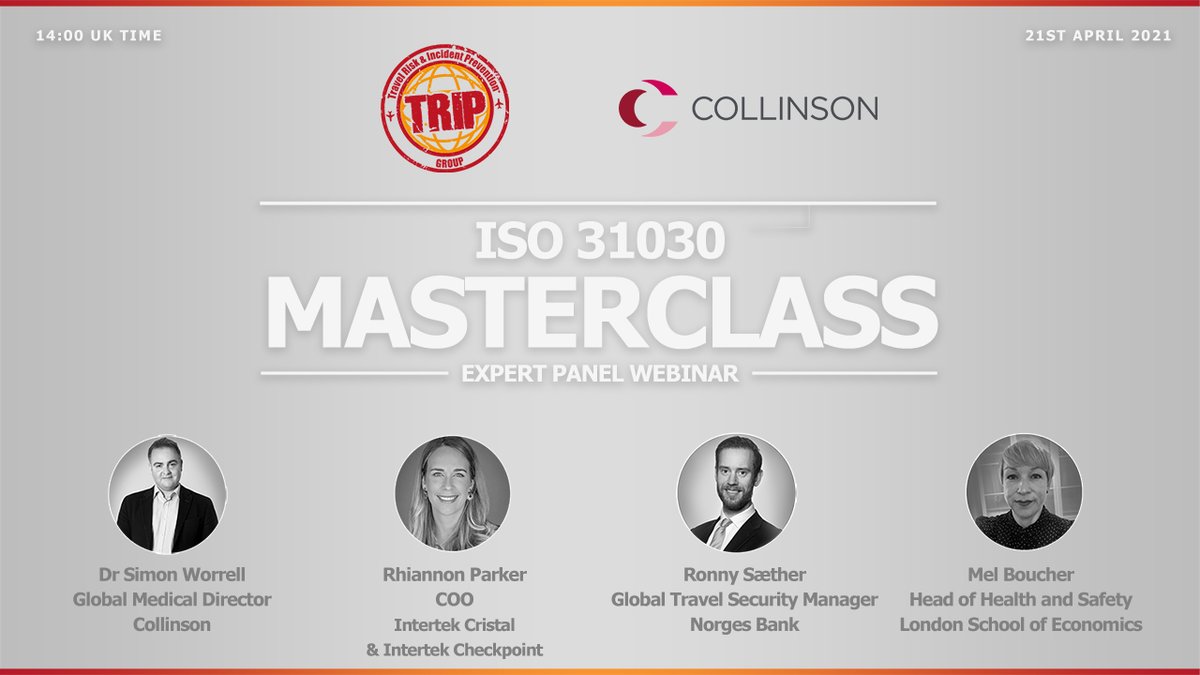 Want to know all about the new International Standard for Travel Risk Management? We've got it covered. Join our expert panel on 21st April at 2pm (UK) to learn all about ISO31030 and how you can use it to keep your travellers safe.  #travelsafety zoom.us/webinar/regist…