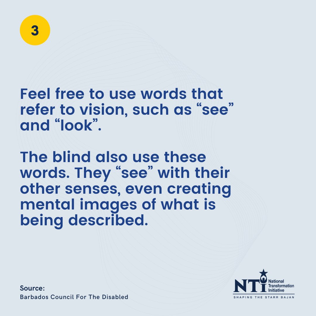 NTIStarrBajan's tweet photo. Here are 4 tips that can be used when interacting with a person who is blind. We found these tips helpful and worthy of sharing!

Source: Barbados Council For The Disabled 

#PWD #PWDAwareness #PWDAdvocacy #KnowTheSigns #DisabilityAwareness # #DisabilityAssistance https://t.co/x7dn3A8zrW