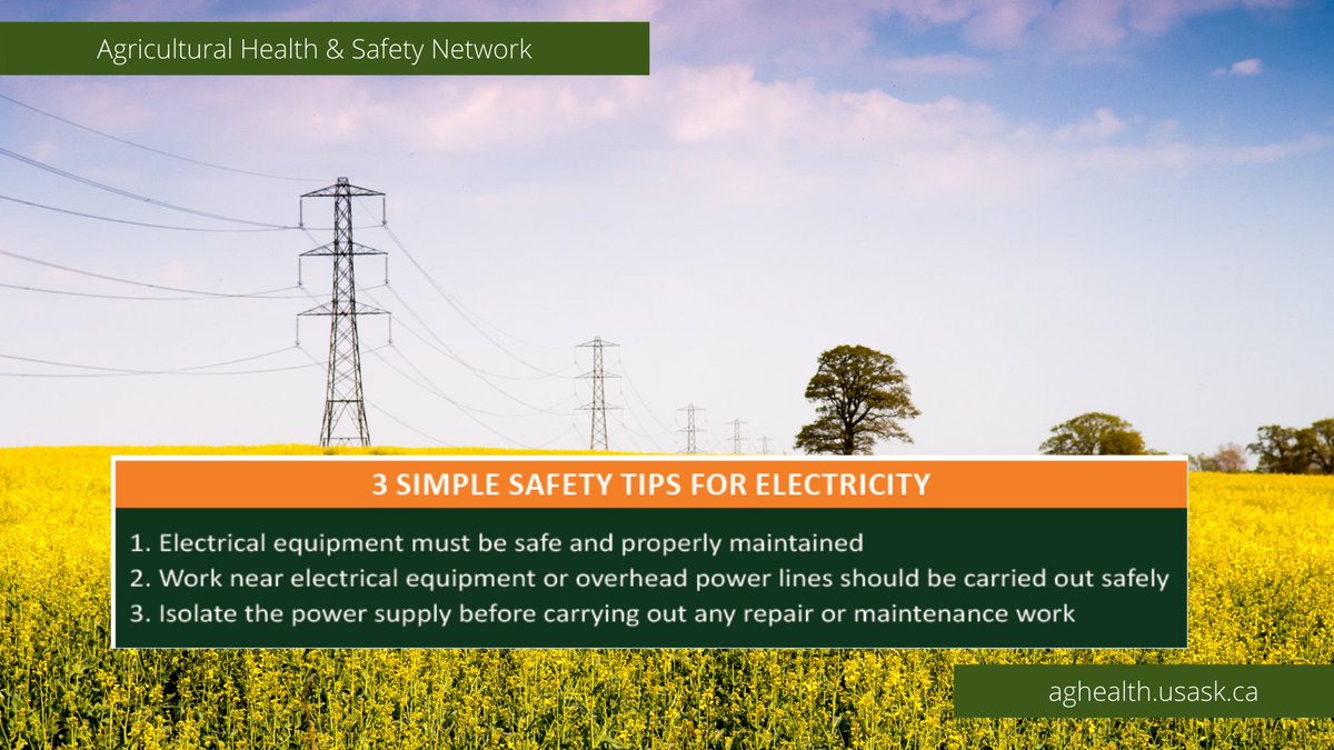 Electricity is an often forgotten hazard on the farm. Remember to take appropriate precautions when operating farm machinery around overhead lines. For more electrical safety on the farm check out ➡️ow.ly/V2Ta50DYwBg

#AgSafeCanada #AgSafety #AgHealth #SKAg