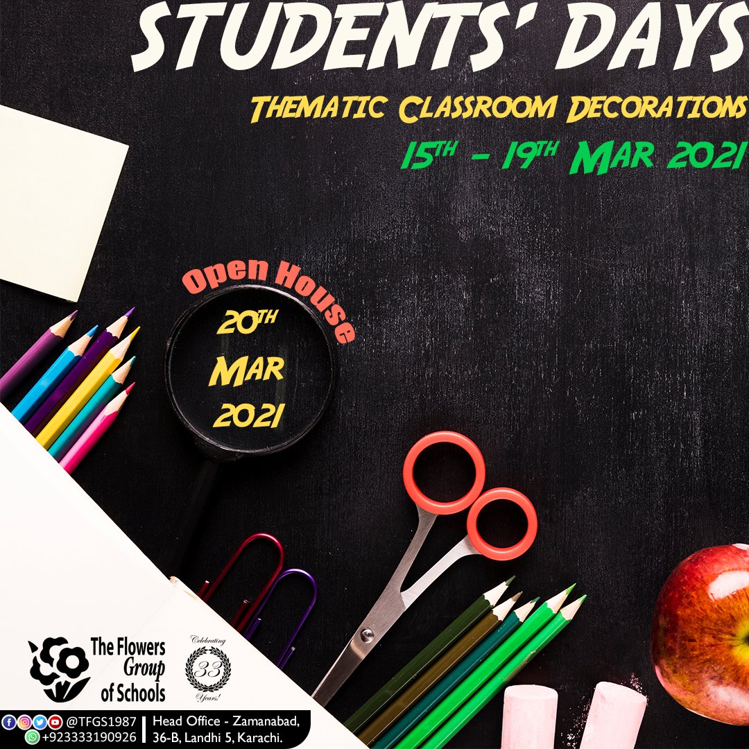 TFGS1987's tweet photo. YOU'RE INVITED TO WITNESS IT ALL!

🗓️ On Saturday, 20th of Mar 2021 between 11:00 am to 3:00pm

CONTACT US
Social Media:
@TFGS1987
WhatsApp:
+923333190926

#AdmissionOpen #NoAdmissionFee #StudentsDays #OpenHouse #20thMar #ClassroomDecorations #TFGS #TheFlowersGroupofSchools https://t.co/ZxrFmdrMbP