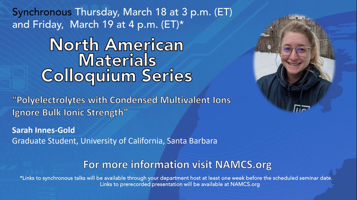 Materials_CWRU's tweet photo. There are two #NAMCS speakers this week. Sarah Innes-Gold, a graduate student from @UCSBengineering, presents “Polyelectrolytes with Condensed Multivalent Ions Ignore Bulk Ionic Strength.” Meet Sarah: https://t.co/3oAHZERv0Y #CWRU https://t.co/TzTu6mgiDJ