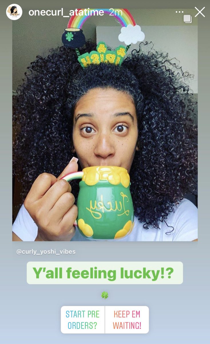 Be the Pot of Gold at the end of the rainbow! Or the pot of Coffee 😬💚 I need y’all to head over to IG, follow <a href="/OneCurlAtATime/">curly_yoshi_vibes</a> and vote on my story!! If I’m really lucky this will go according to plan! #curls #StPatricksDay