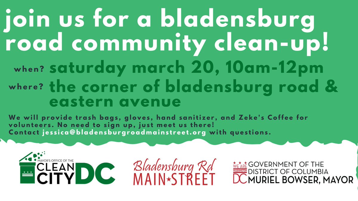 BladensburgRoad's tweet image. Join the Bladensburg Road Main Street team for a community clean-up this Saturday March 20th at 10am. Meet at the Welcome to DC sign at Bladensburg Road and Eastern Ave. Trash bags and @ZekesCoffeeDC provided!

@CM_McDuffie @BrooklandBridge @WoodridgeDC @CleanCityDC