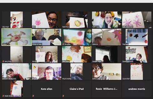 PowysFirst's tweet image. Tuesday Zoom Day! Our last session with artist Nell Price using watercolours to create images of the Corona Virus (our interpretations).  😀😀😀😀
#selfadvocacy #zoom #campaign #art #inspire #lockdown #artexhibition #energy #artyfarty #covid_19
