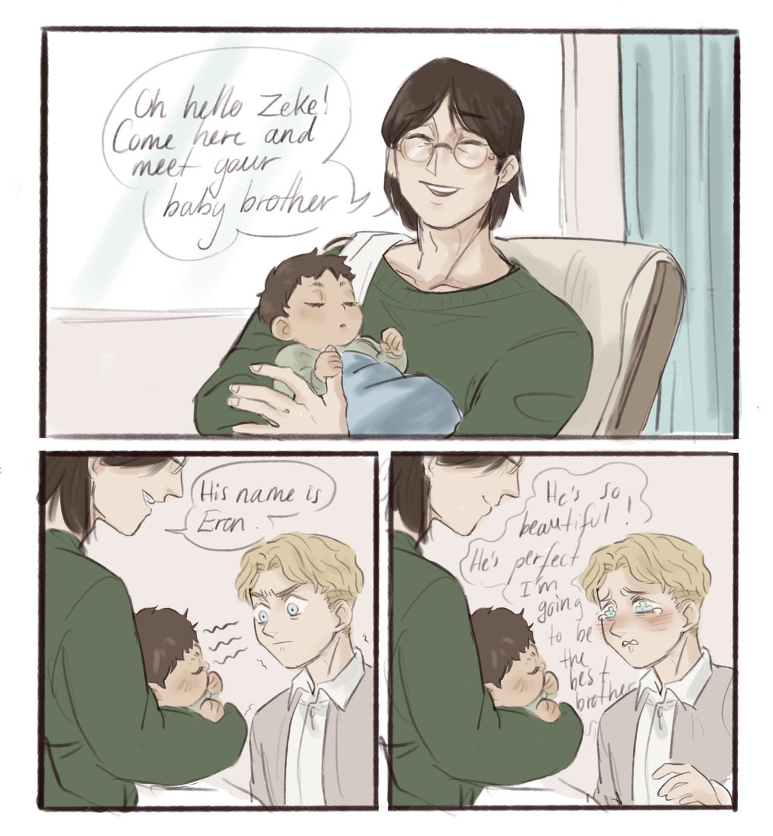 A modern AU where they are a happy enough family and little Zeke gets to meet baby Eren 