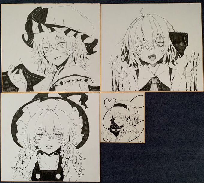 今回描いた色紙(左2枚)と前描いた色紙を加筆したやつ(右2枚) 