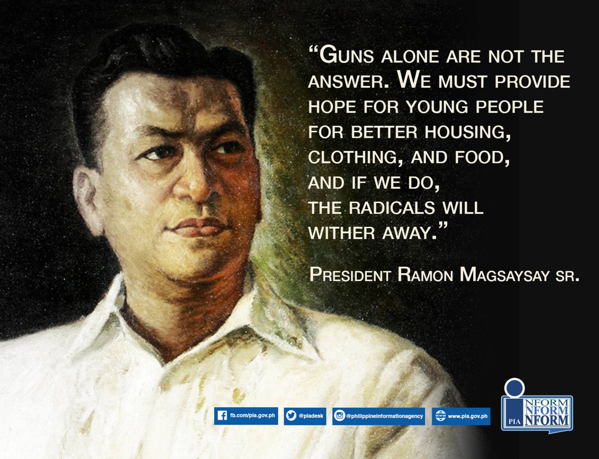 PIADesk's tweet image. Harnessing these words from former President Ramon Magsaysay, the Duterte Administration recognizes that the call for peace, security, and order is not solely the work of the military. 

#RamonMagsaysayMemorialDay #TaskForceBalikLoob #ECLI