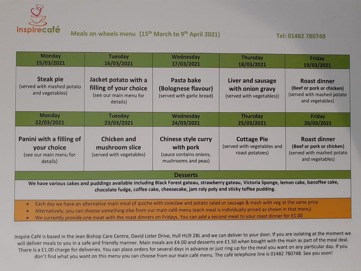 inspirecafehull's tweet photo. Morning all! Just so you have a good indication of what we are serving over the next few weeks heres our Meals On Wheels menu.

You can order on the day or in advance. We're happy to cater for multiple days if that's what you need. Just give our staff a call on 01482 780748 😊 https://t.co/6KRuR3ry5f