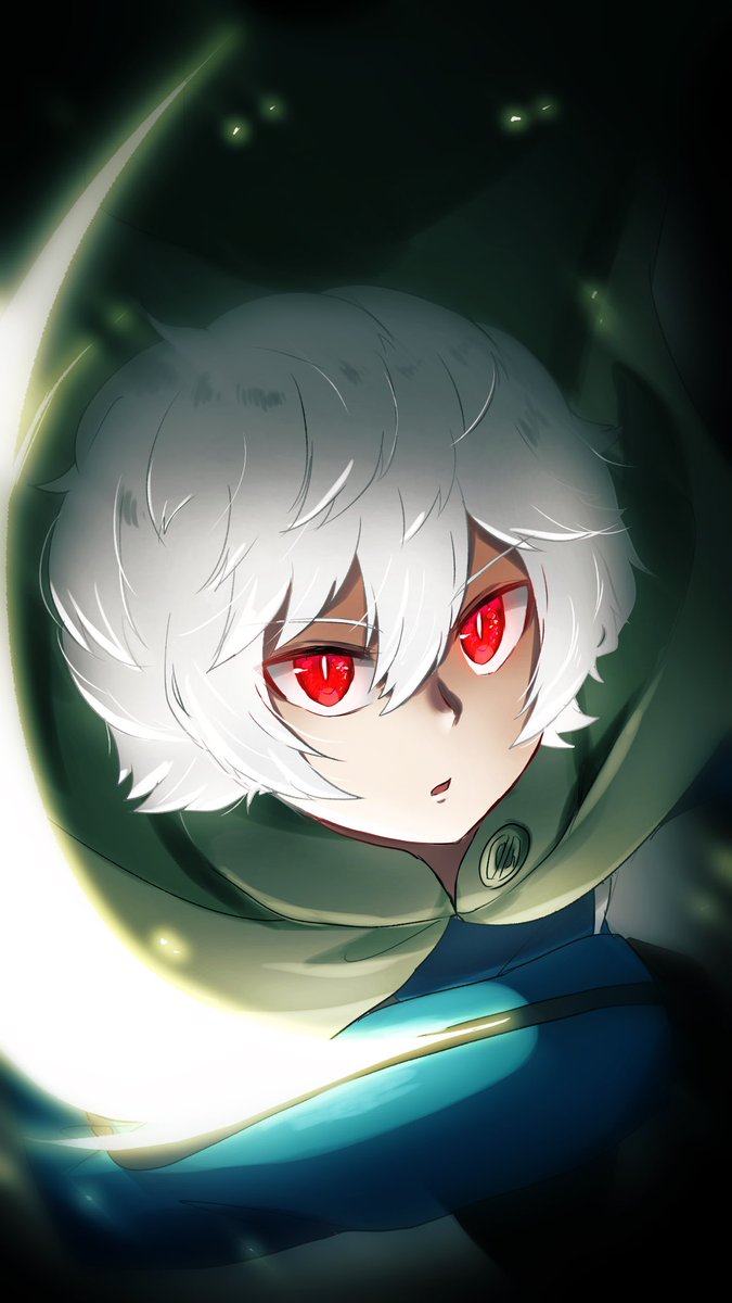 red eyes solo white hair male focus 1boy glowing cloak  illustration images