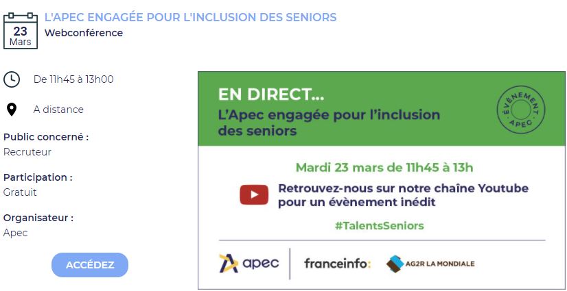 FVANEENOO's tweet photo. [Agenda] le 23 mars "L'inclusion des seniors" animé par @fannyguinochet de @franceinfo sur la chaine Youtube #Apecfr . Tout sur les évènements de l'#Emploi : à retrouver dans la rubrique📅événements @Apecfr ▶️https://t.co/iTgwTO6ifj https://t.co/dGL1omoxvY