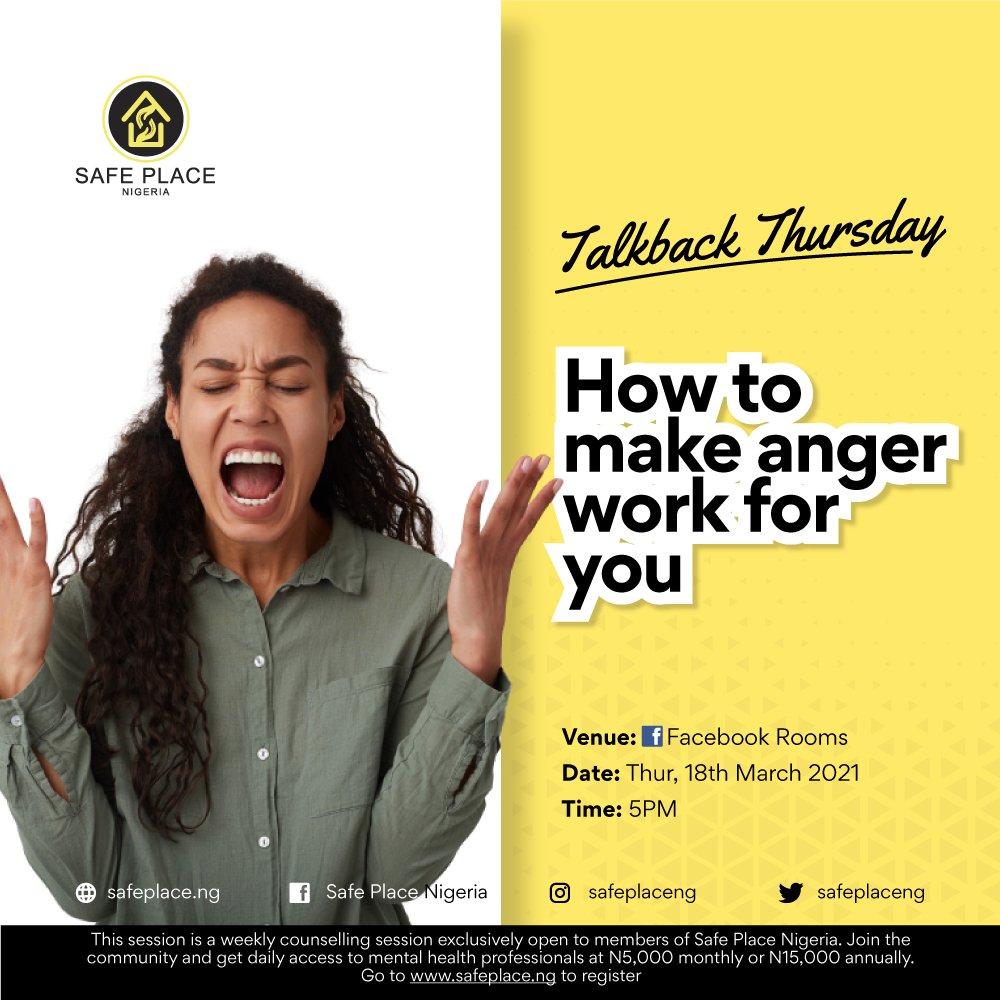 safeplaceng's tweet photo. Can anger be useful? Does anger have any mental health benefits or is it simply an explosive outlet?

This week on #TalkbackThursday, we'll be discovering how to make anger work for us. 

Join us at https://t.co/WXk2plL0O1 &amp; apply for a scholarship at https://t.co/gz1tPOqA0f https://t.co/4JgviWKvVL