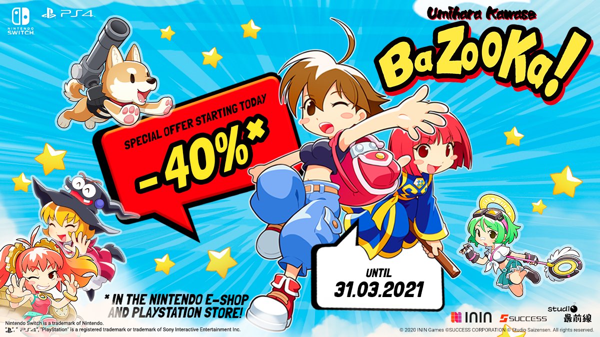 ININ_Games's tweet photo. A perfect time to join Club BaZooKa! 💥 Get a 40% discount on the digital versions of #UmiharaKawaseBaZooKa!

https://t.co/9wr0lGKdgx

Until March 31th, 2021! 🕦 Only available at the #eShop &amp; #PSN Store!

#ININGames #SuccessCorp #PartyGame #CouchCoop #Switch #PS4 #BattleGame https://t.co/7tAsfJZmYs
