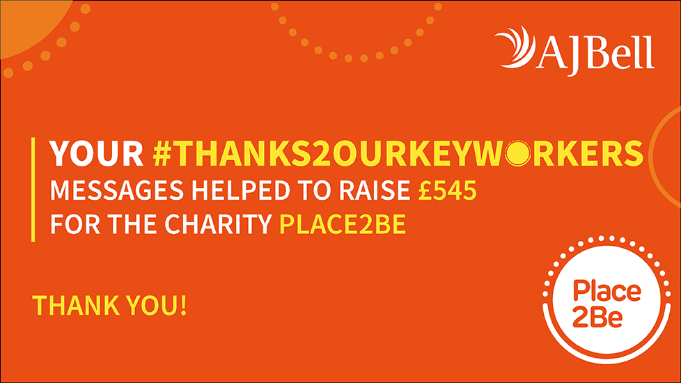 LifeatAJBell's tweet photo. ❤️ What an incredible response we received in support of #Thanks2OurKeyWorkers
Your kind messages are still being broadcast across Manchester from our big screen and because of you we have donated £545 to @Place2Be. Thank you!
#KeyWorkers @NHS #StayAtHome https://t.co/36chOWYwxk