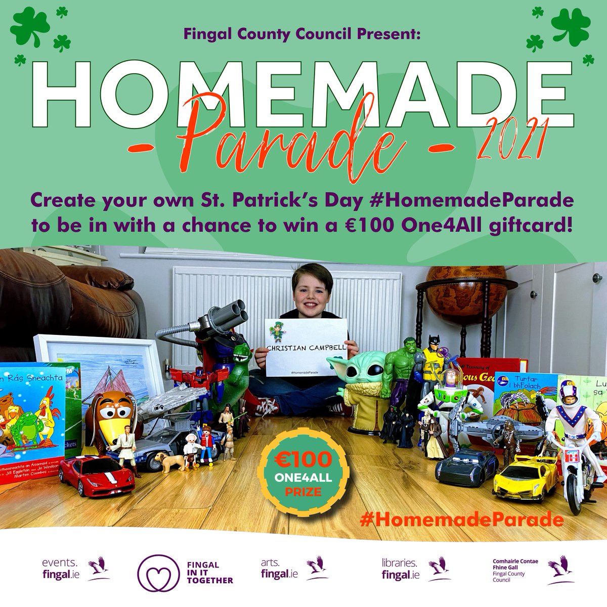 fingallibraries's tweet photo. #HomemadeParade competition to celebrate St Patrick's Day https://t.co/LTePPNe5bB Take a photograph of your parade at home this year and email it to your local library or to librarieshq@fingal.ie Fingal County Council @EventsinFingal #HomemadeParade https://t.co/Gi1VXyePLg