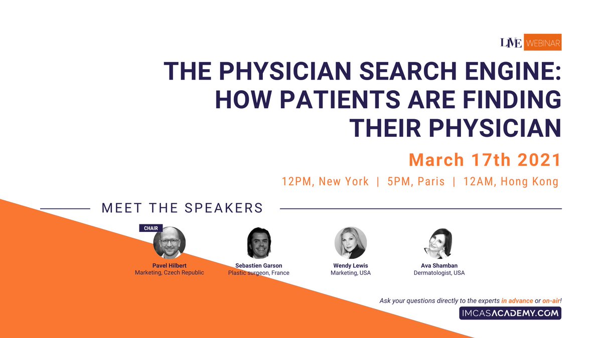 - LIVE WEBINAR TODAY -
March 17, 2021 at 5PM (Paris time)

Join us for the webinar to discover how patients are searching for physicians, and how to strengthen your online presence 👉 imcas.com/go/BnTE

with <a href="/pavelhilbert/">Pavel Hilbert</a> 
<a href="/WENDYLEWISCO/">Wendy Lewis & Co Ltd</a> 
<a href="/DrAvaSays/">Dr. Ava Shamban</a>